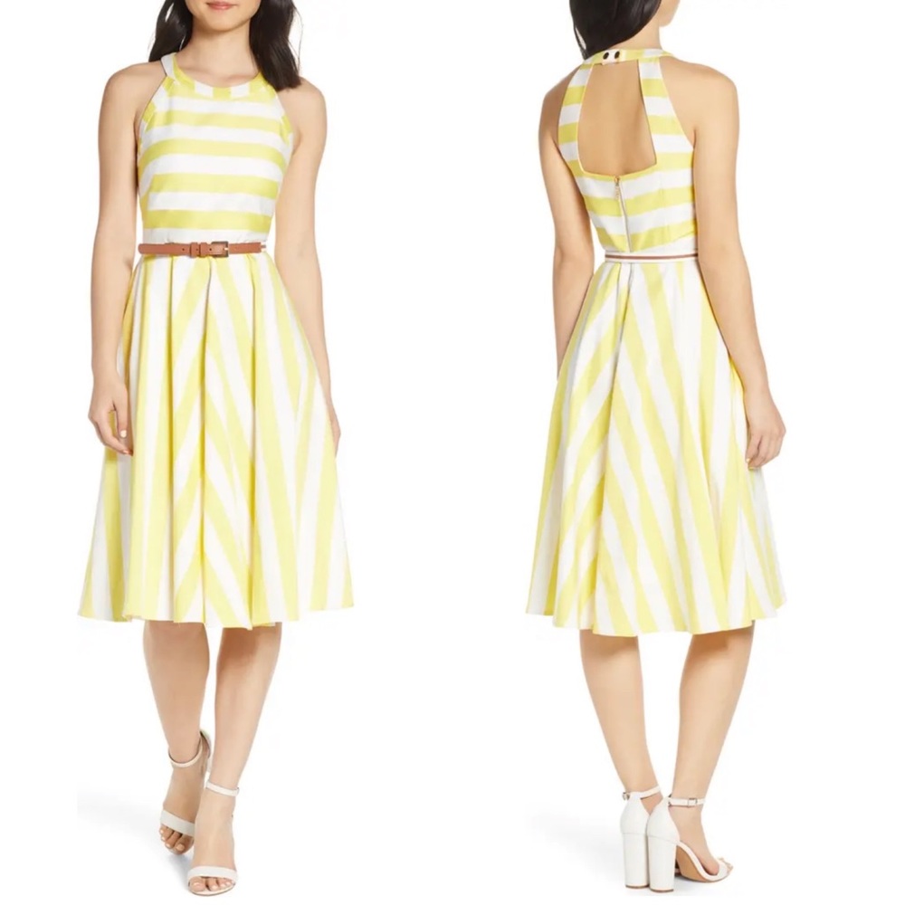 ELIZA J YELLOW STRIPE FIT AND FLARE DRESS